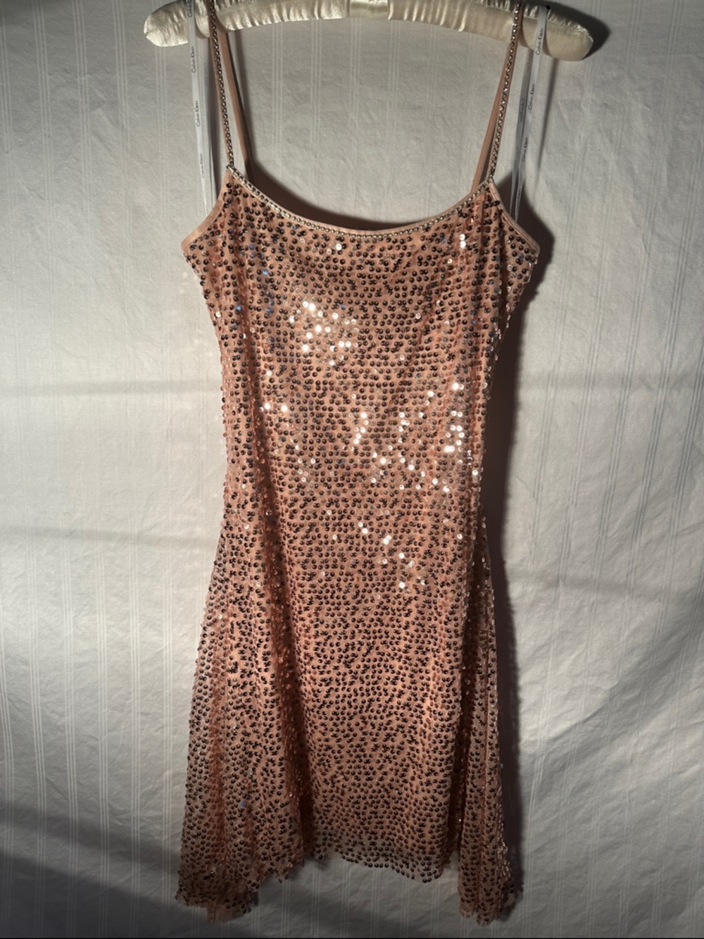 Calvin Klein Blush Sequin Mini Dress with Spaghetti Straps